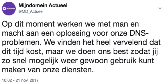 Twitter @MD_Actueel storing we werken aan een oplossing